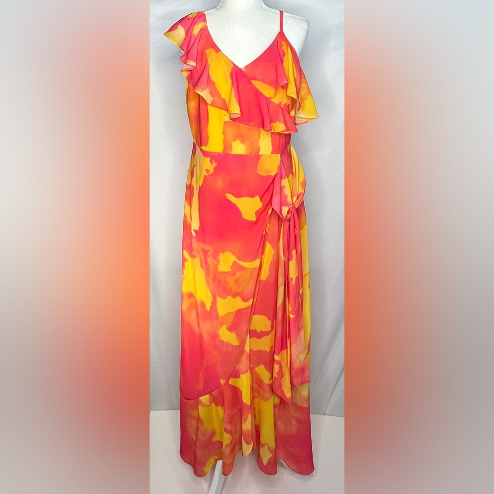Ador NWT Blooming Ruffle Tie Front‎ Maxi Dress Peplum Orange Yellow Sz L